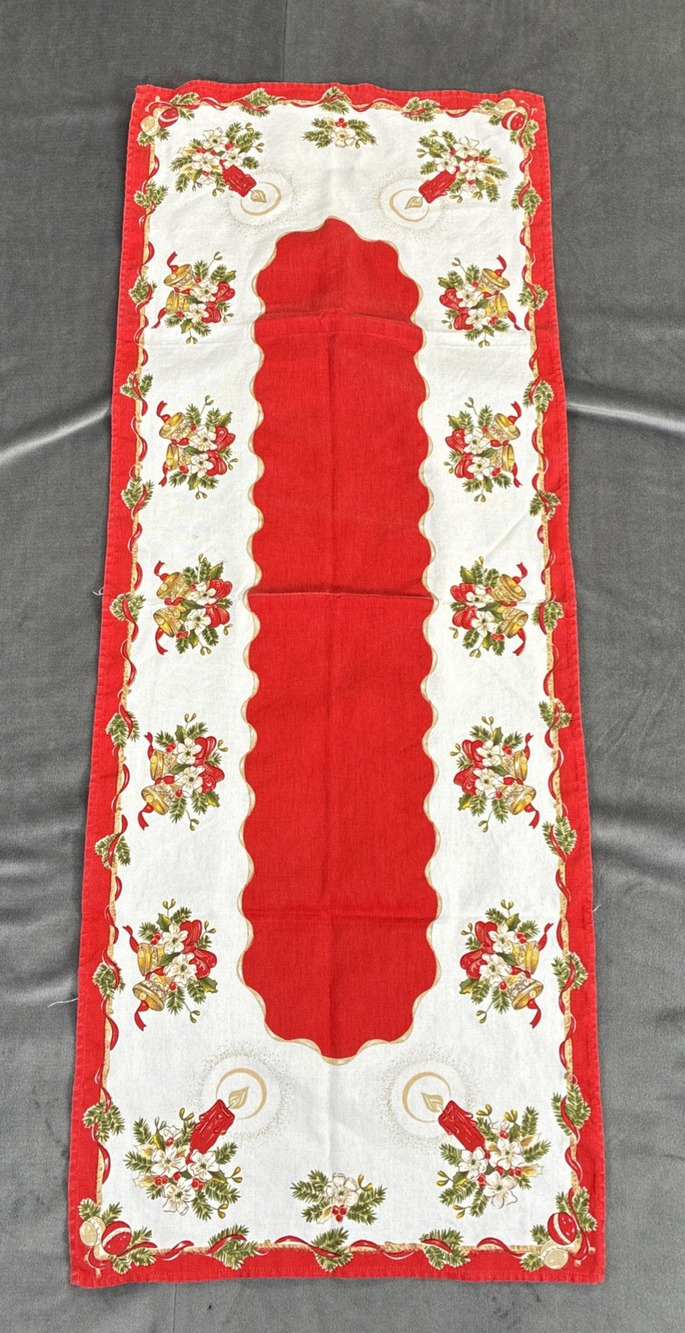 Vintage Table Runner Christmas Mid Century Bells Candles Holly 37” Bnfts Charity